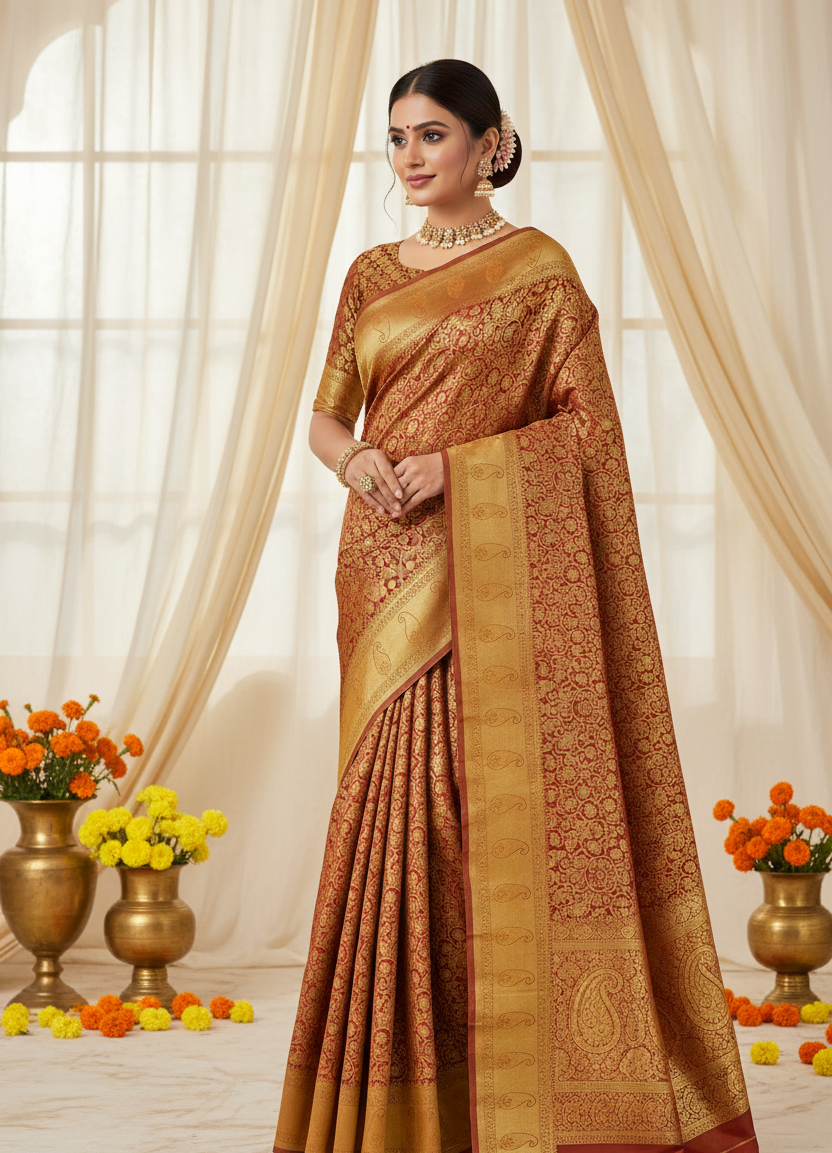 Golden Red Banarasi Saree