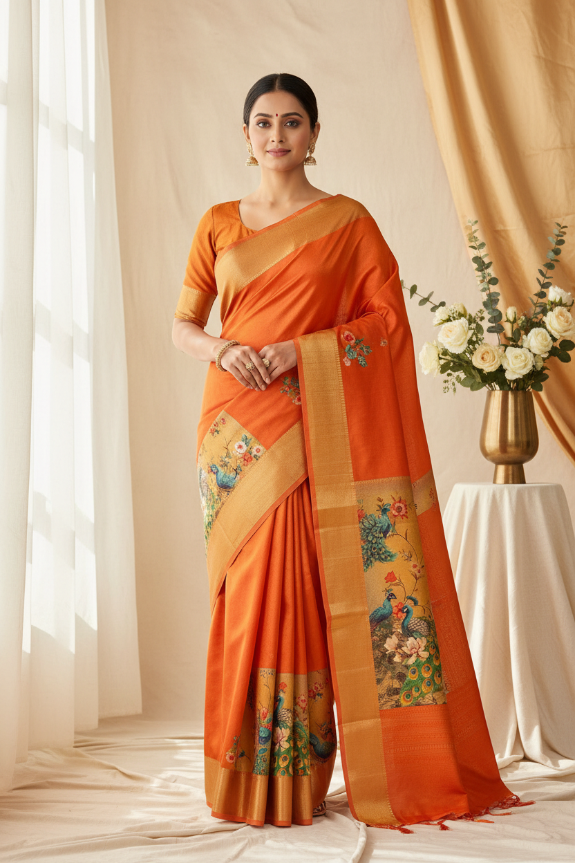 Bright Orange Soft Saree