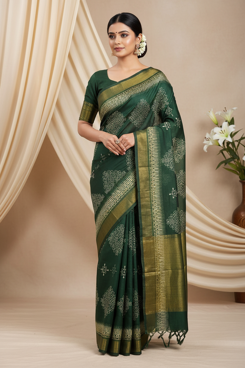 Dark Green Cotton Saree