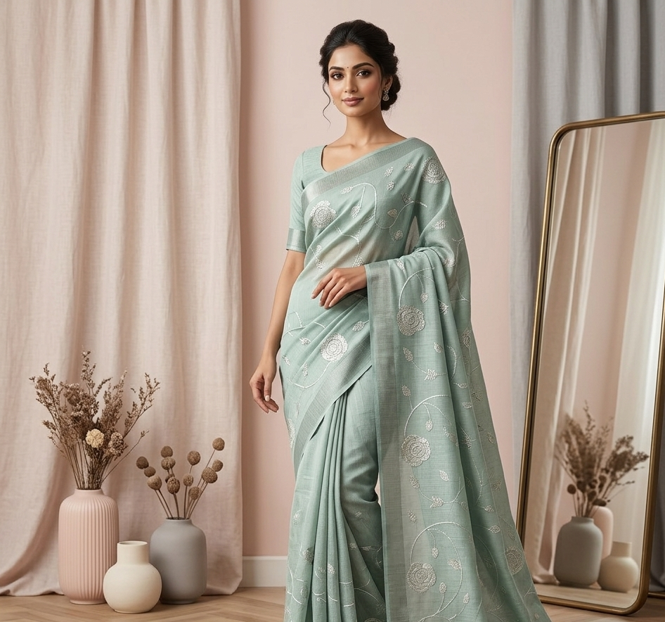 Dusty Blue Floral Saree