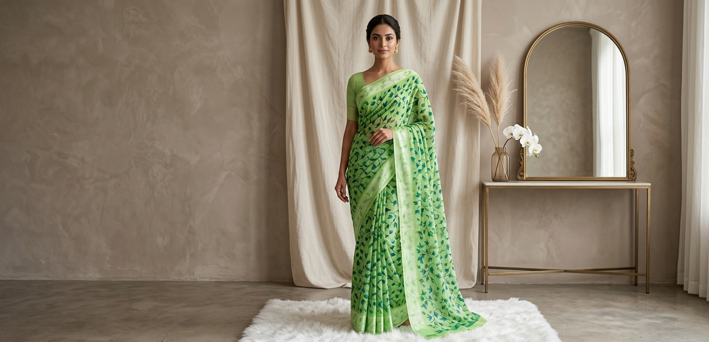 Parrot Green Fancy Cotton Saree