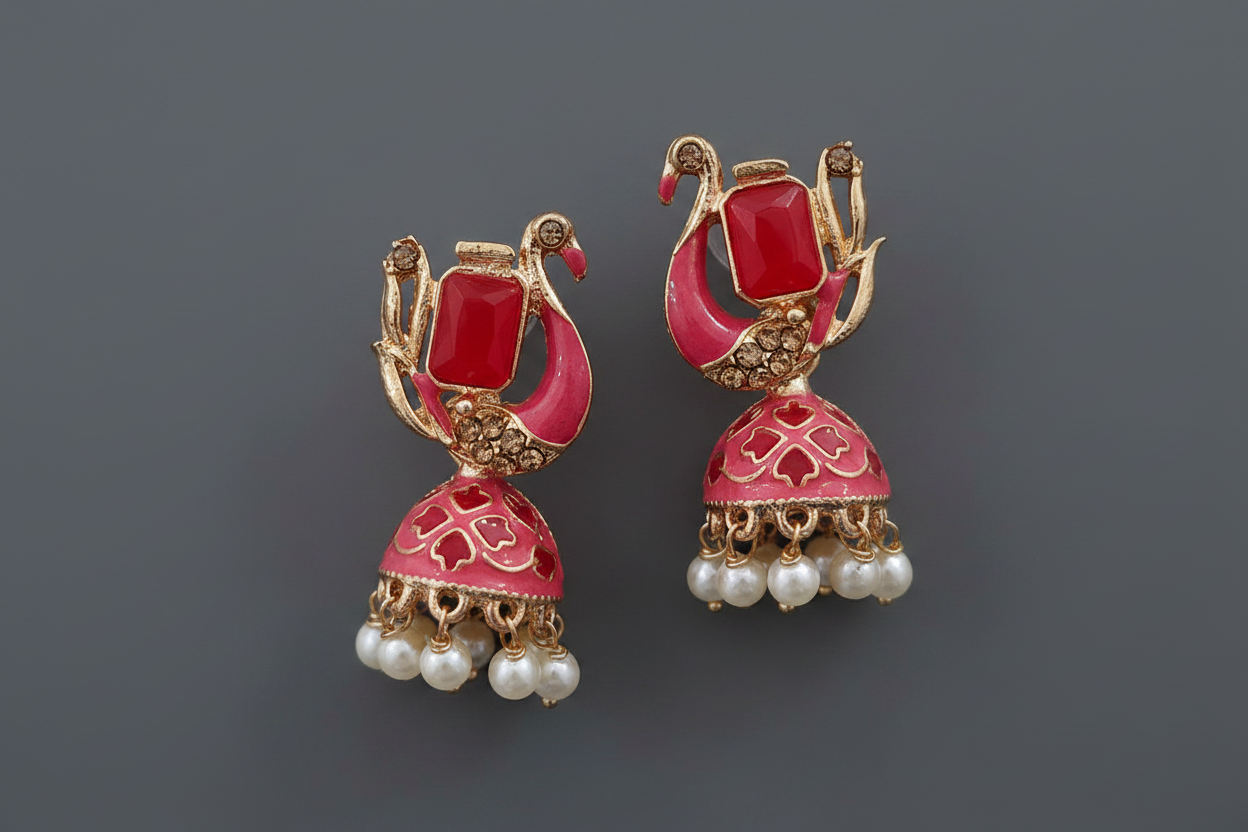 Pink Meenakari Peacock Jhumka