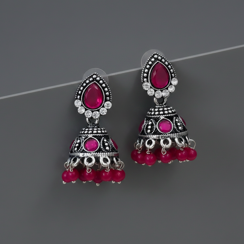 Silver Pink Stone Jhumka