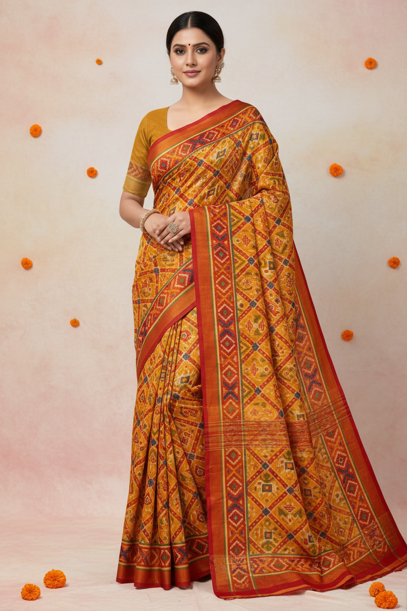 Yellow Red Cotton Saree