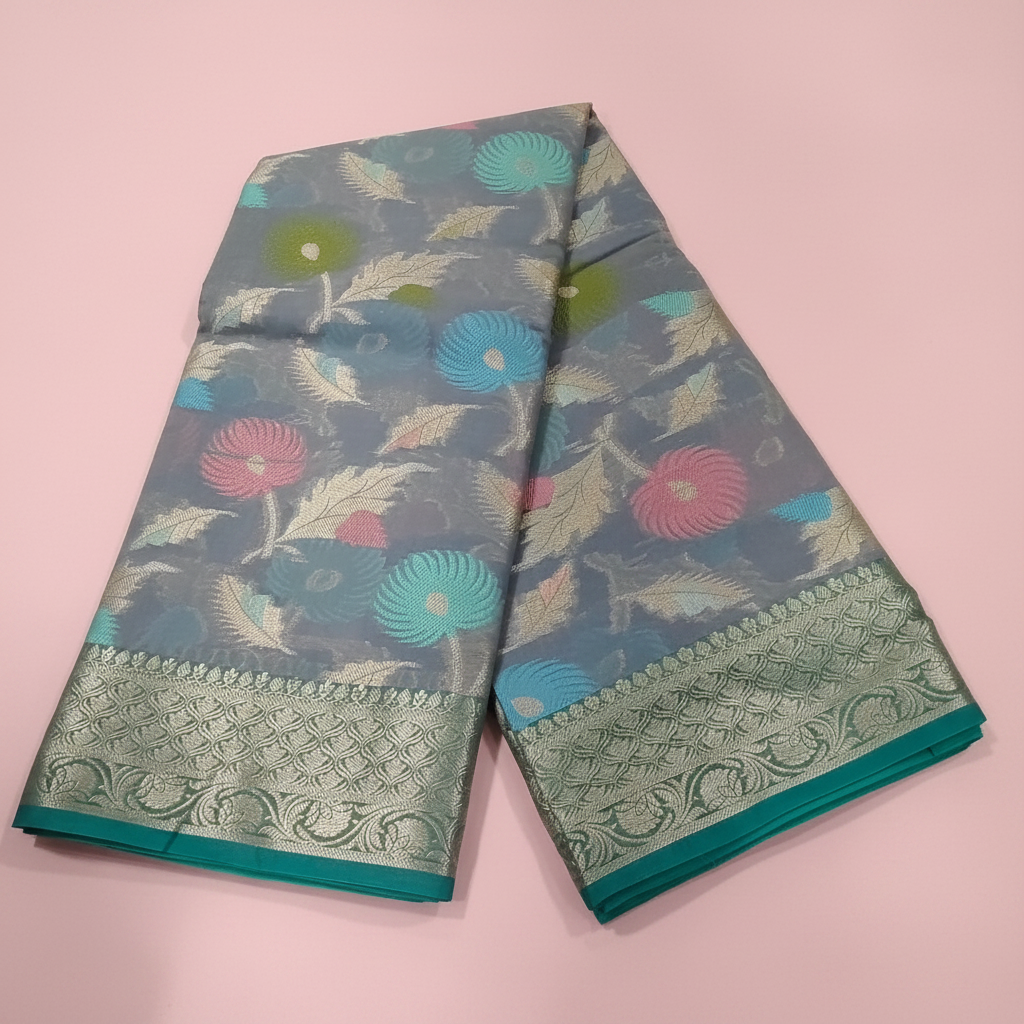 Aqua Floral Weave Saree