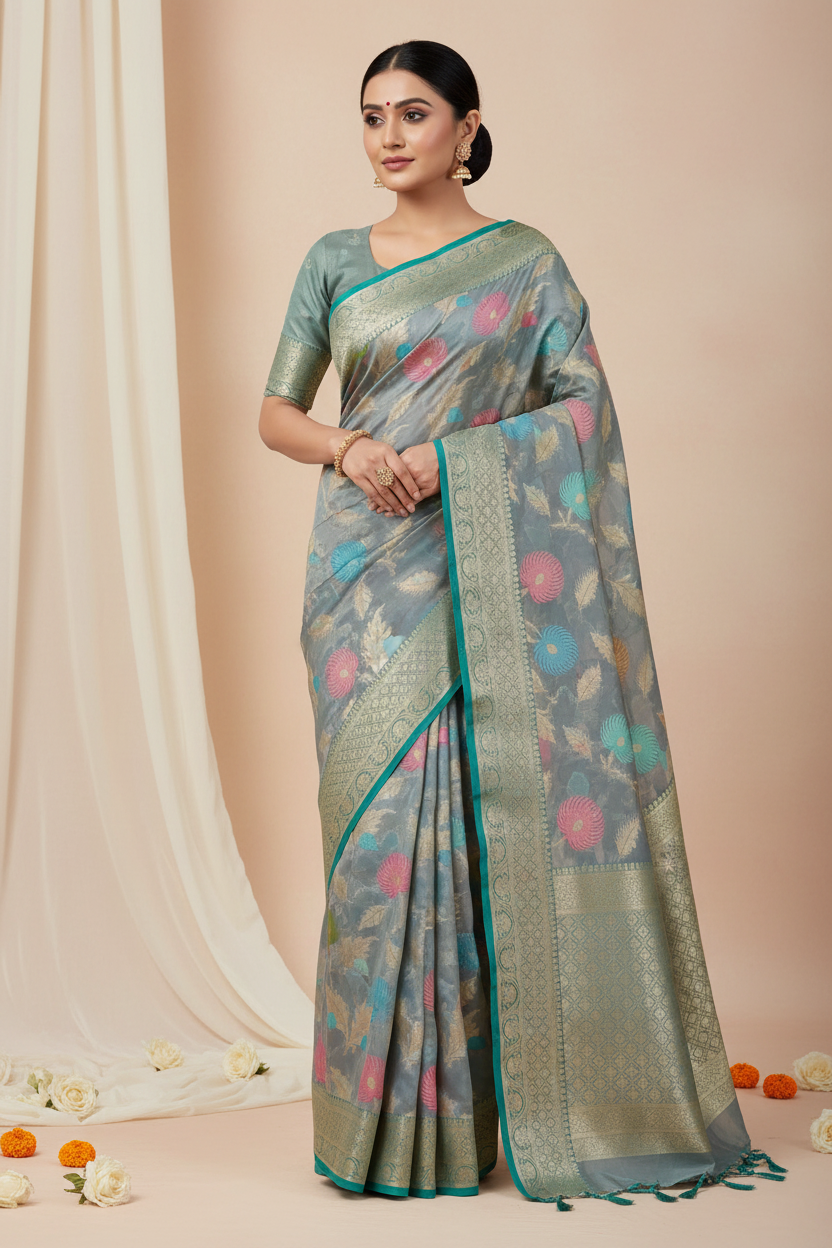 Aqua Floral Weave Saree