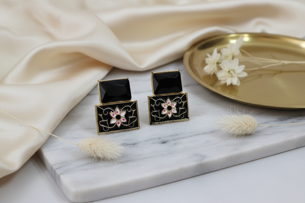 Black Enamel Floral Stud