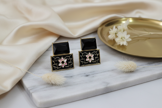 Black Enamel Floral Stud