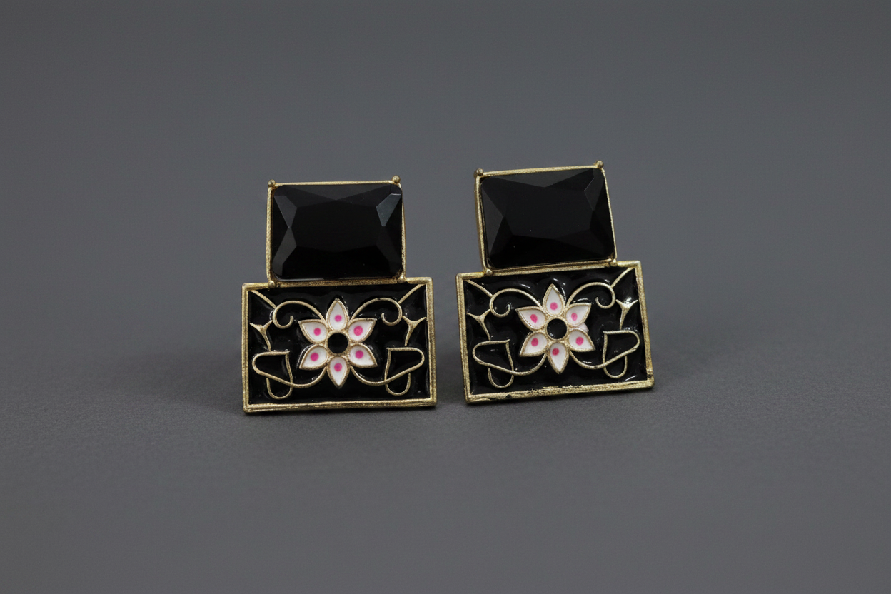 Black Enamel Floral Stud