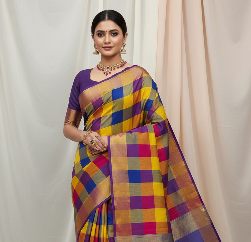 Blue Fancy Checks Saree