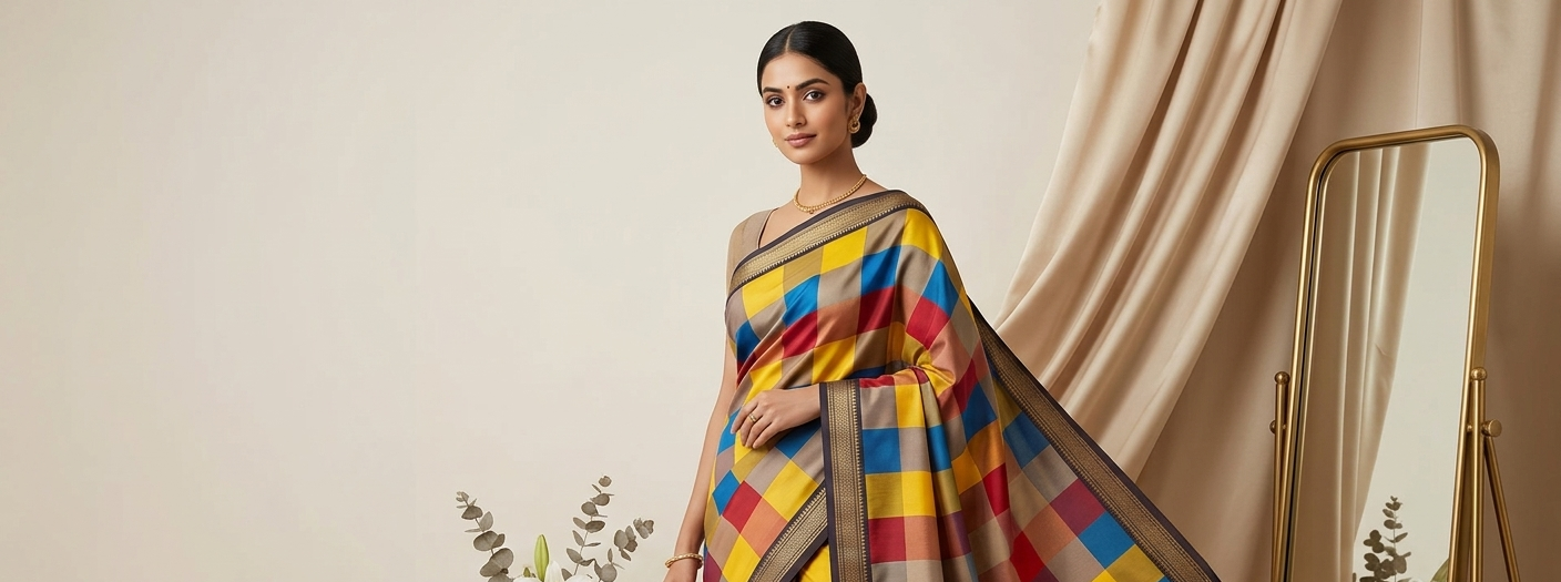 Blue Multi Fancy Checks Saree