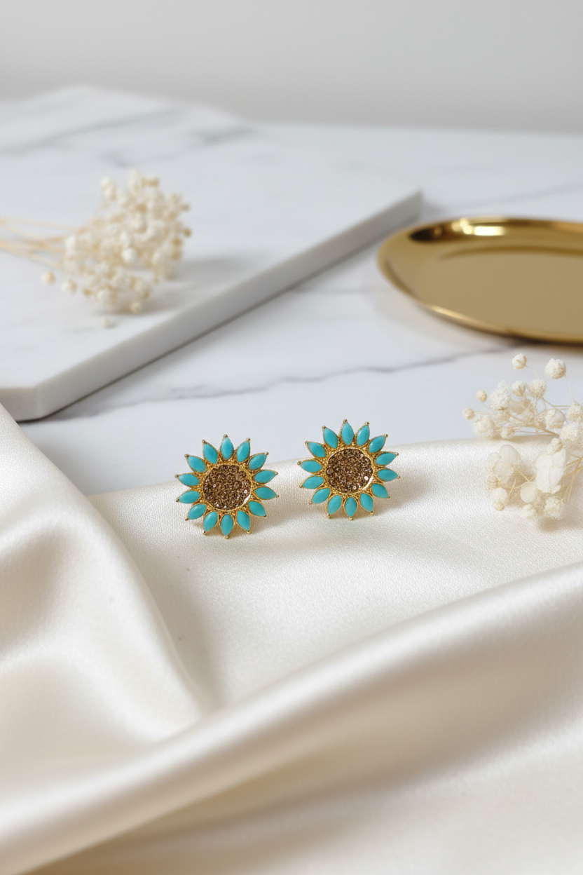 Blue Sunflower Earrings 