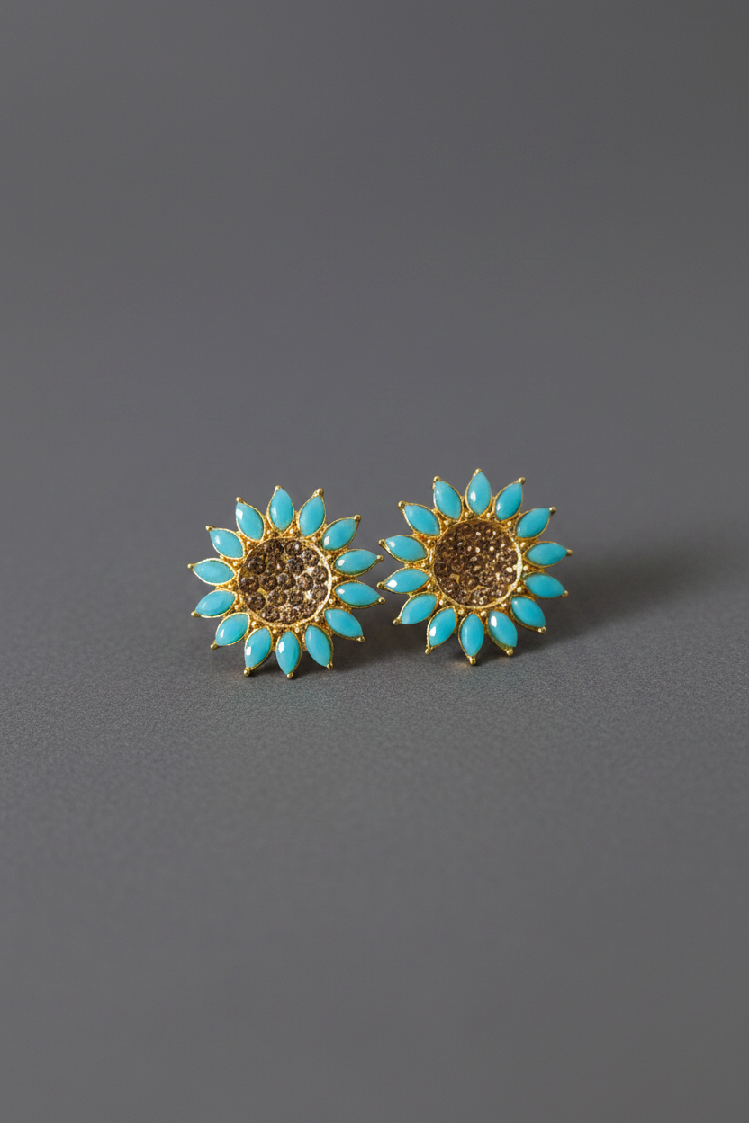 Blue Sunflower Stud Earrings 