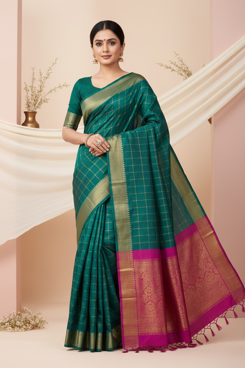 Bottle Green Chettinadu Silk Saree
