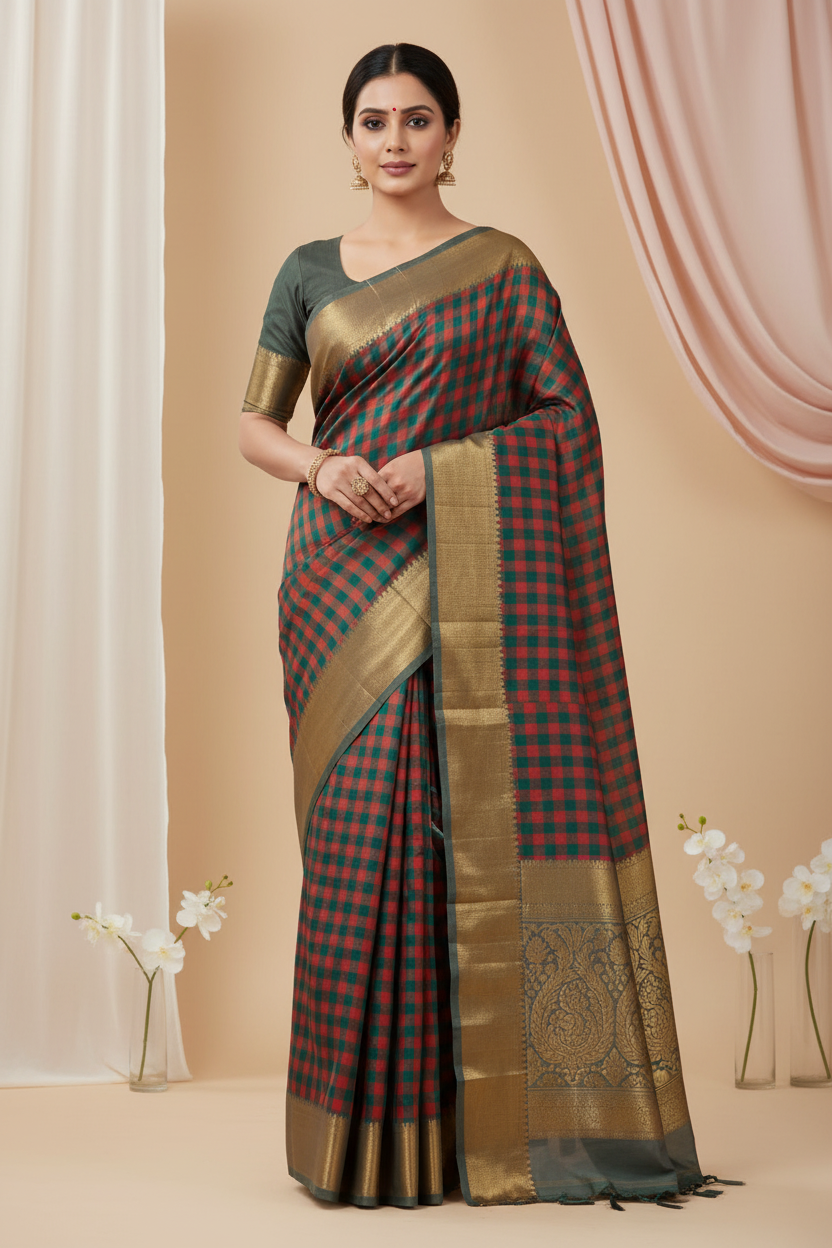 Orange Green Checked Saree