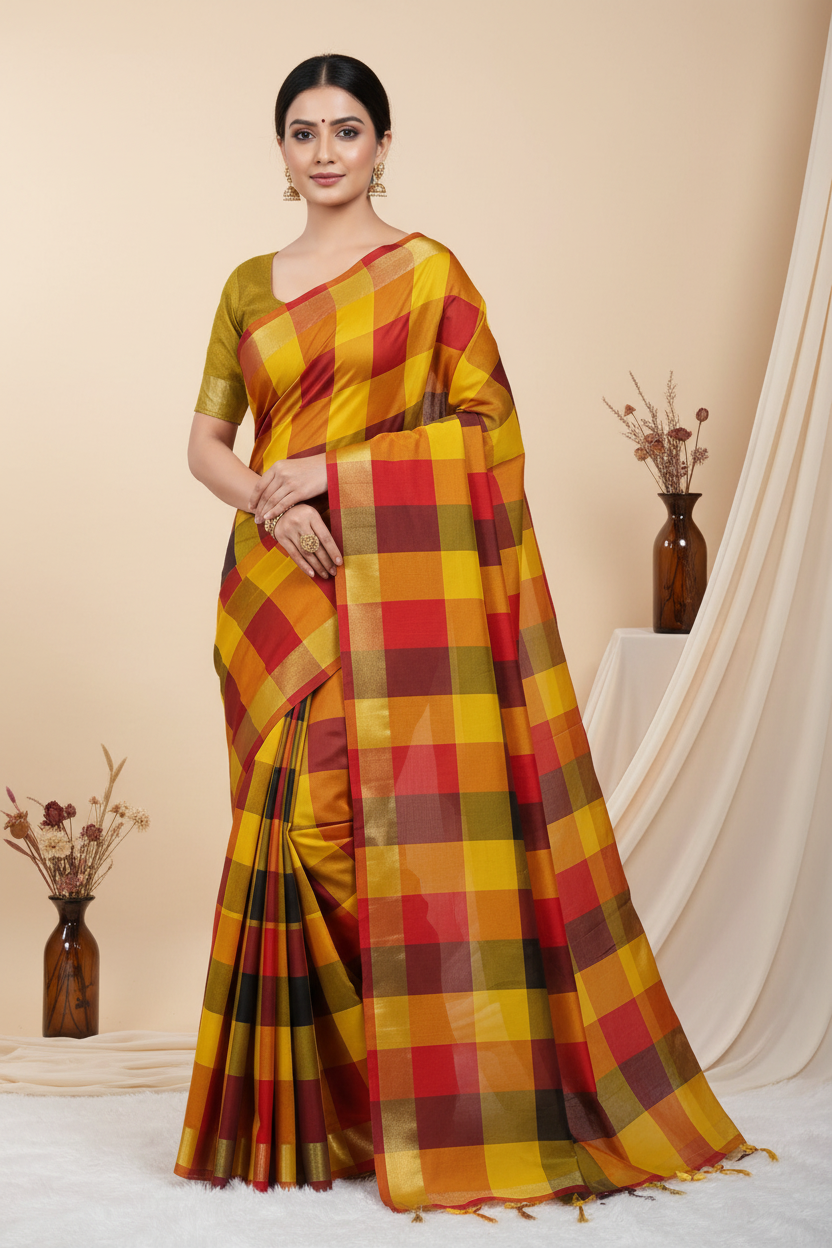 Checked Saree Red Base