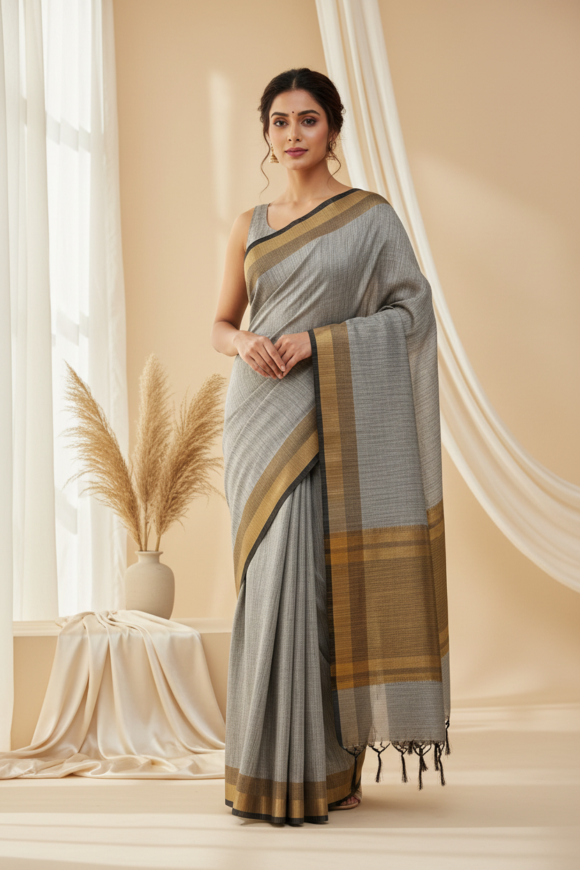 Classic Grey Linen Saree