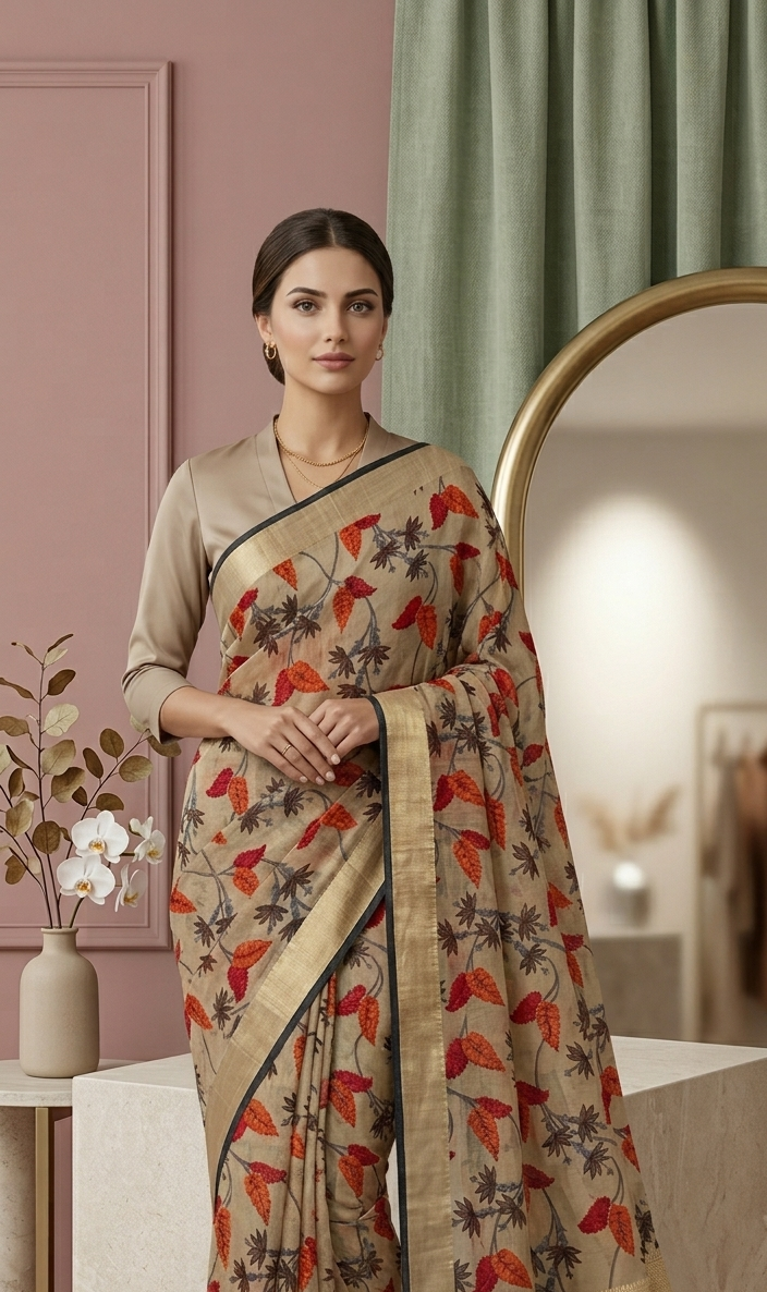 Cream Fancy Cotton Saree