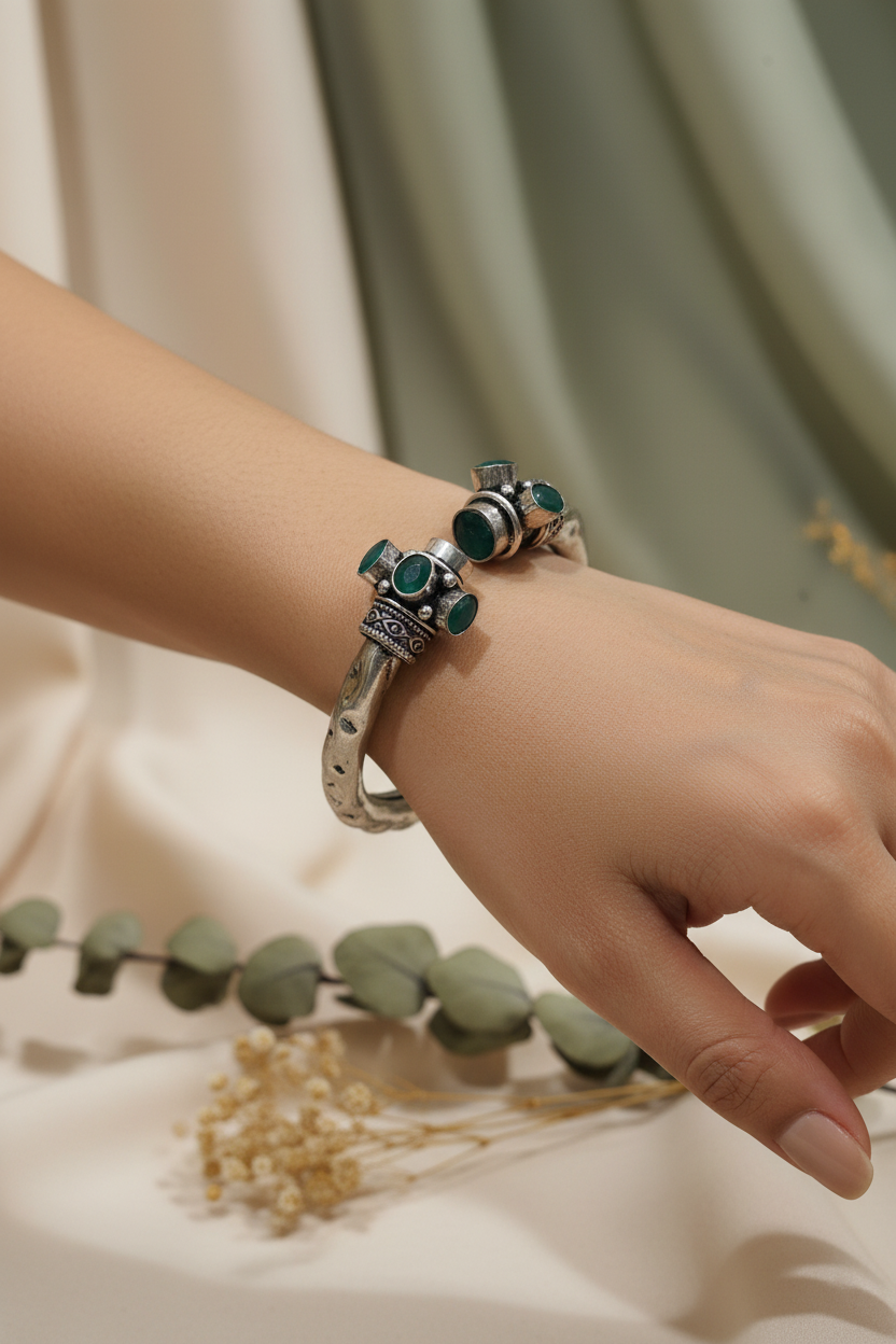Silver Dark Green Kada