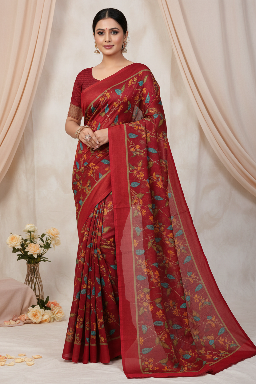 Maroon Floral Cotton Saree