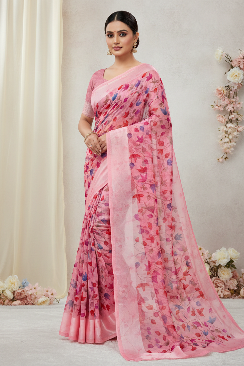 Pink Floral Cotton Saree