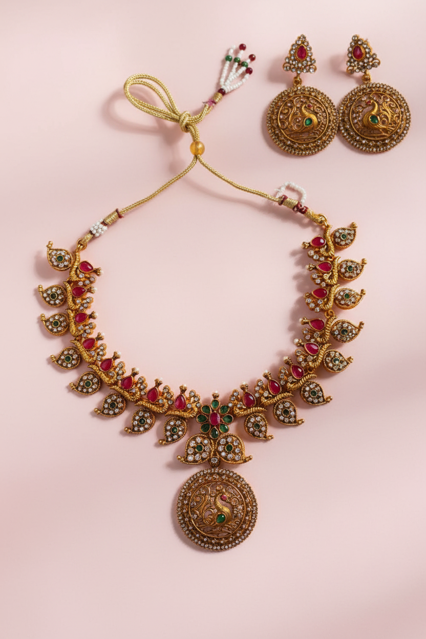 Gold Ruby Peacock Necklace
