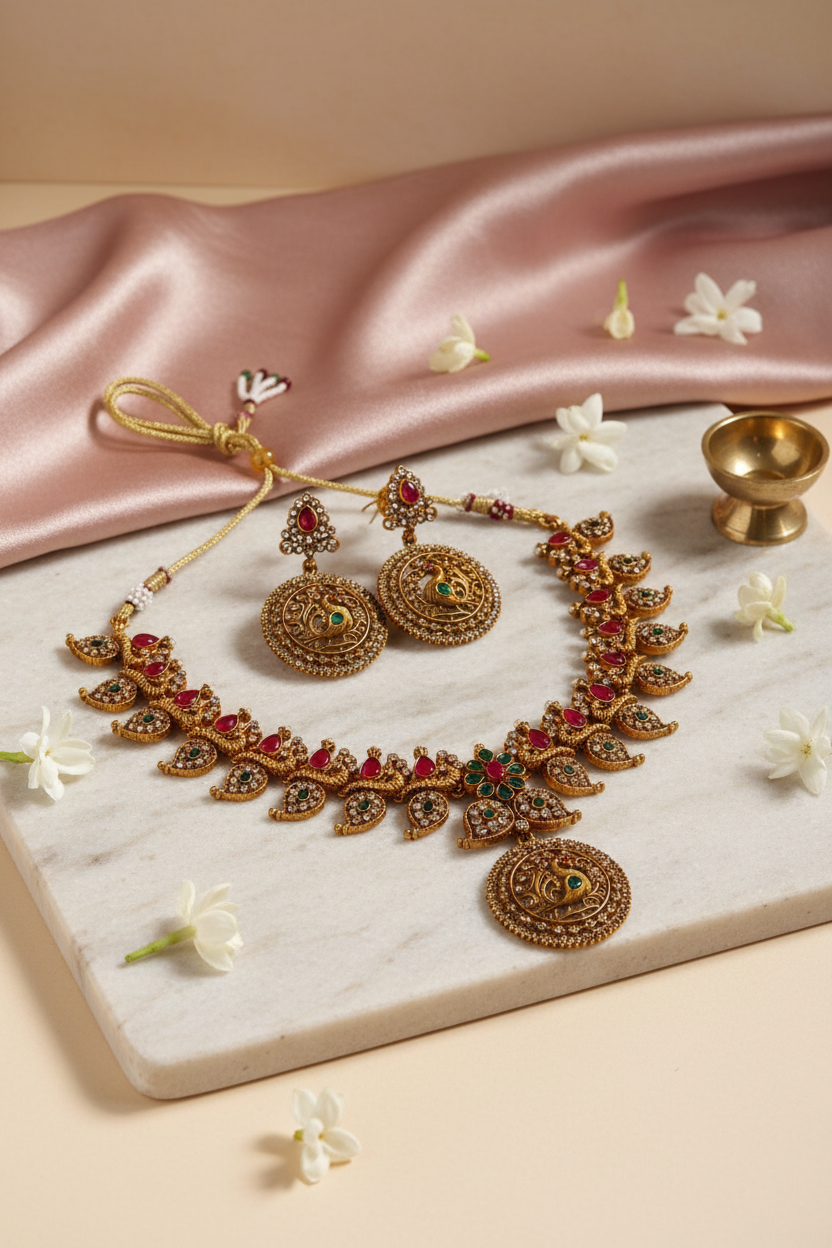Gold Ruby Peacock Necklace