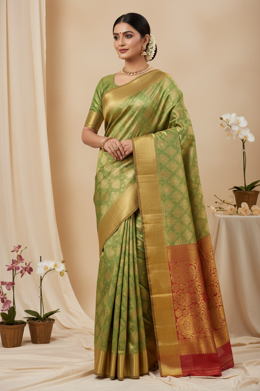 Golden Green Tissue Saree