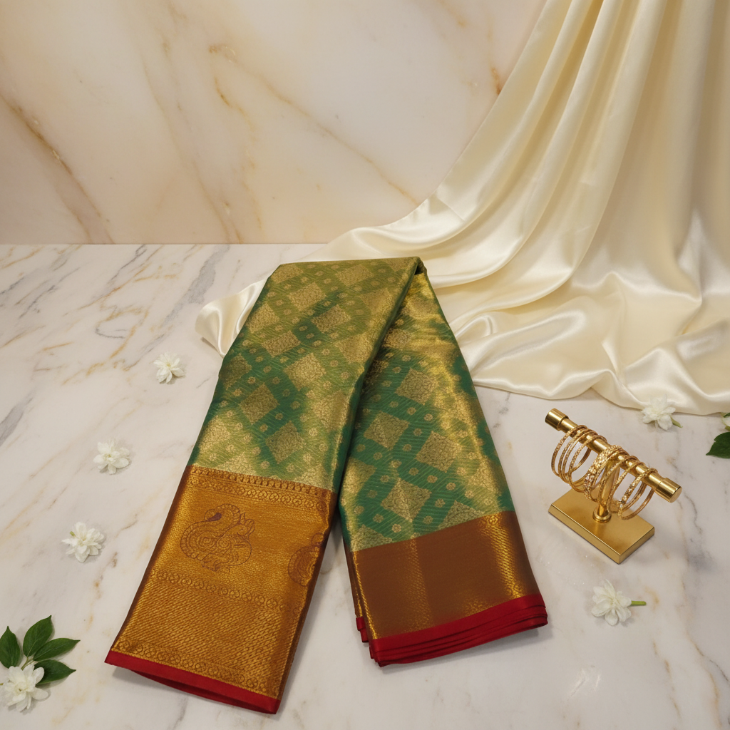 Golden Green Tissue Saree