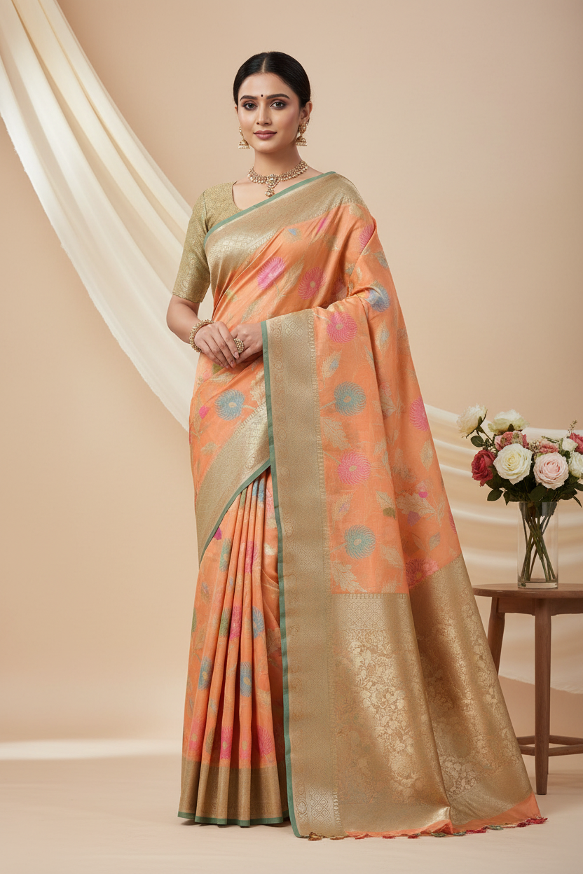 Golden Orange Tissue Saree 
