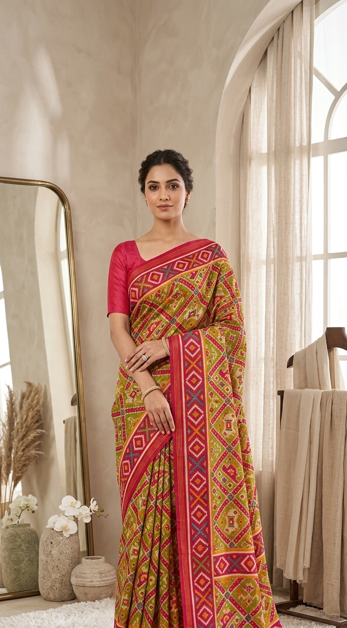 Green-red Fancy Cotton Saree