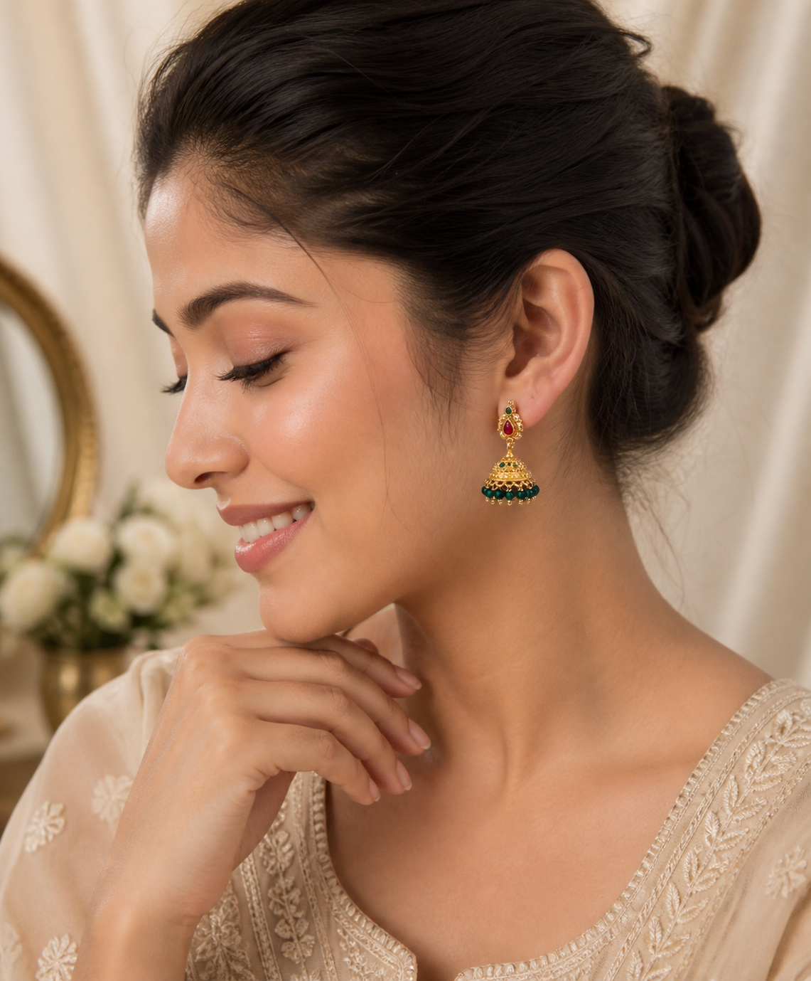 Green Crystal Drop Jhumka Earrings