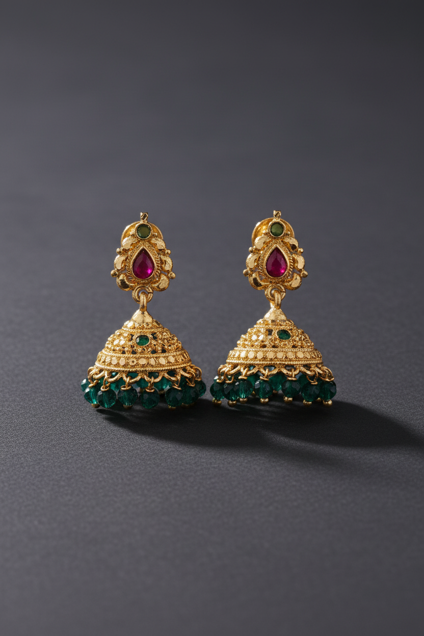 Green Crystal Drop Jhumka Earrings