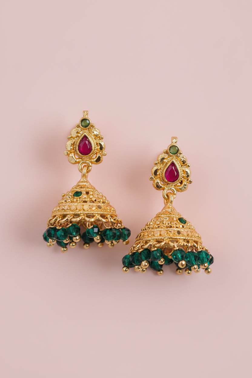 Green Crystal Drop Jhumka Earrings