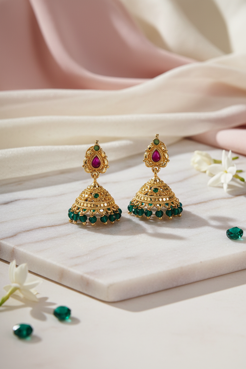 Green Crystal Drop Jhumka Earrings