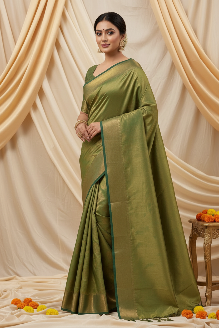 Green Saree Gold Zari 