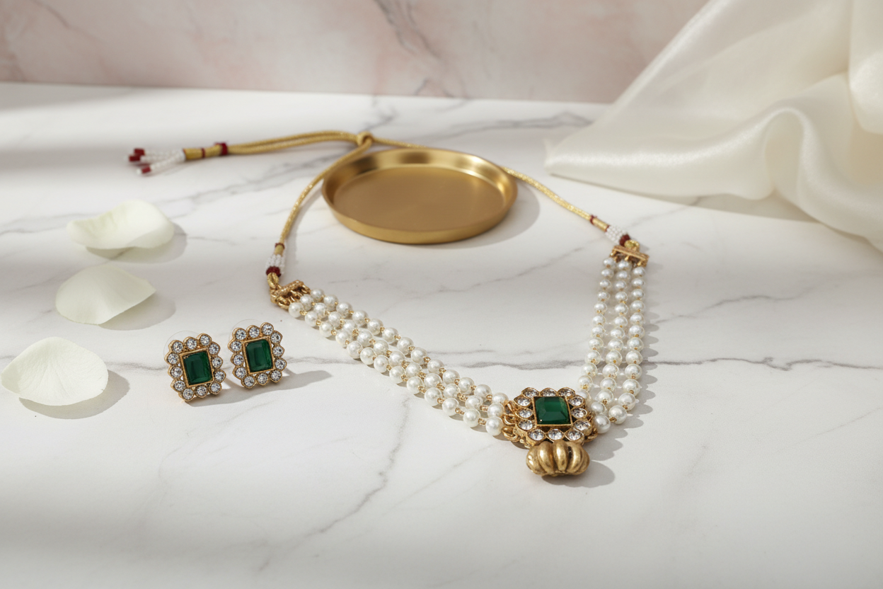 Green Stone Pearl Choker
