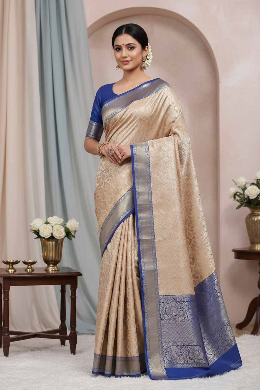 Blue Border Silver Saree