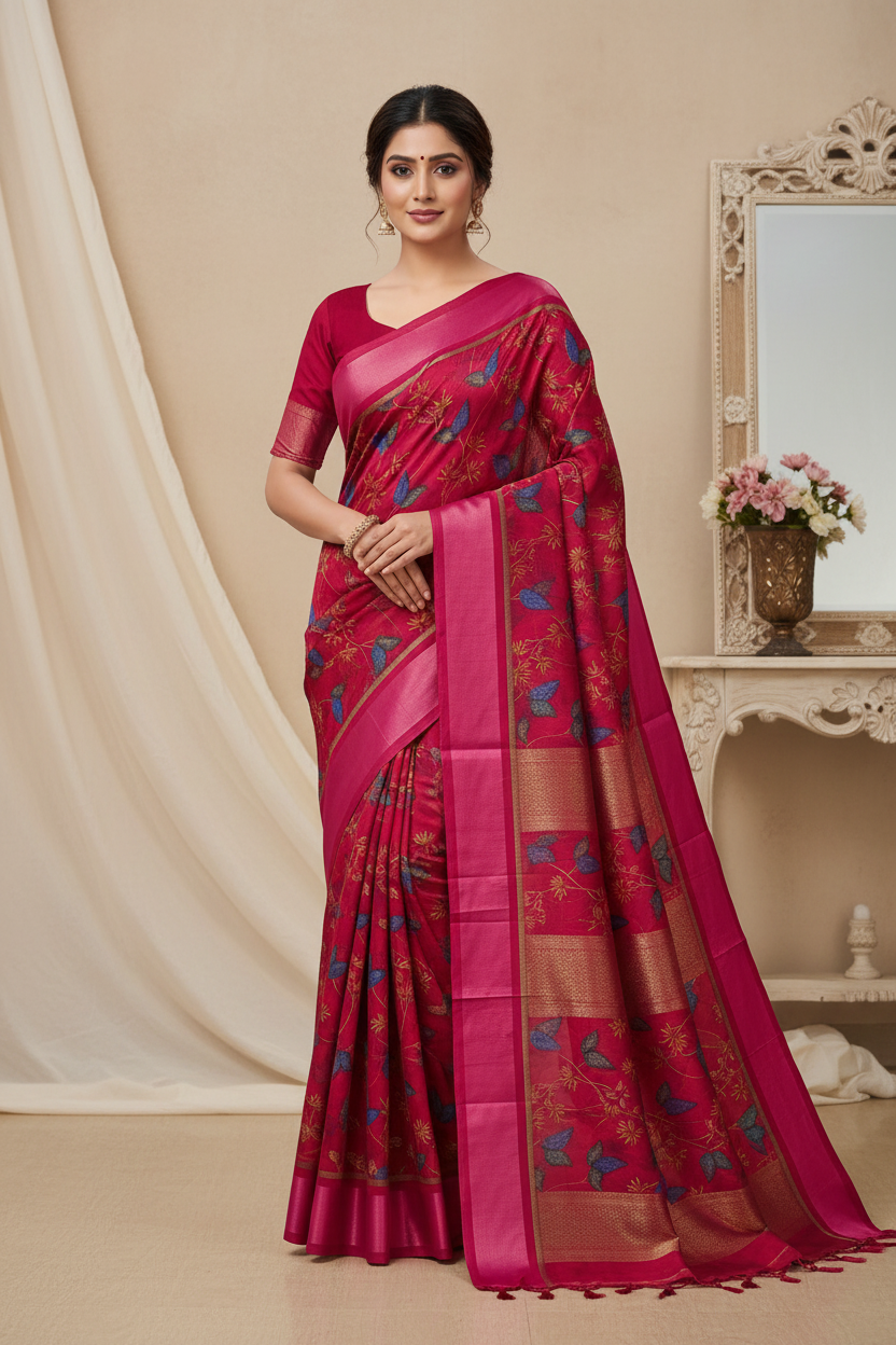 Red Leaves Cotton Saree