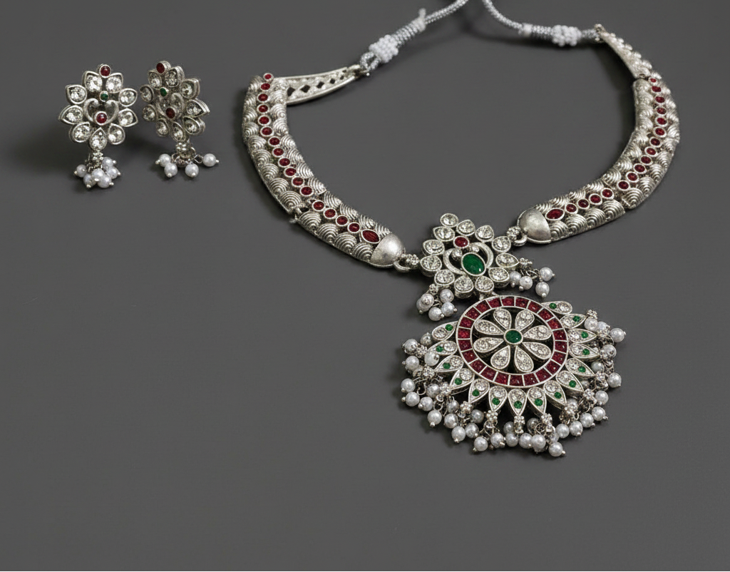 Multicolor Silver Oxidised Necklace