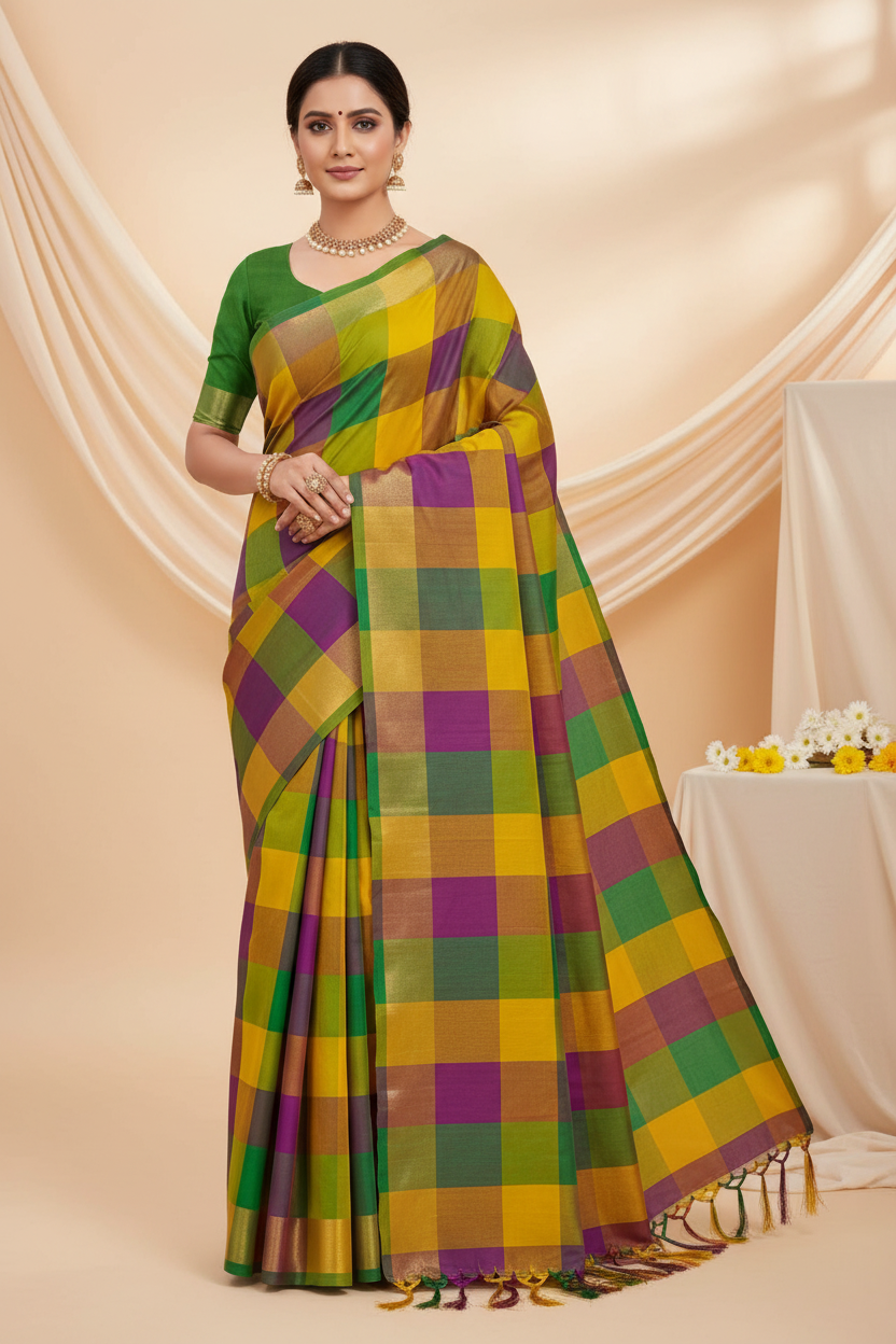 Multicolor Fancy Checks Saree