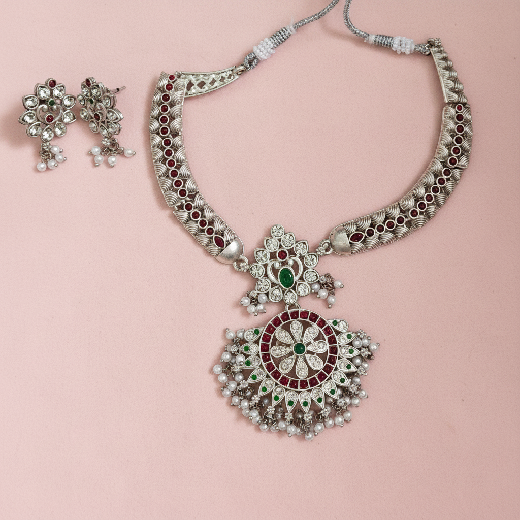 Multicolor Silver Oxidised Necklace