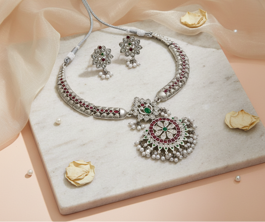 Multicolor Silver Oxidised Necklace