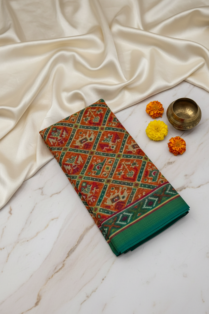 Orange-green Fancy Cotton Saree