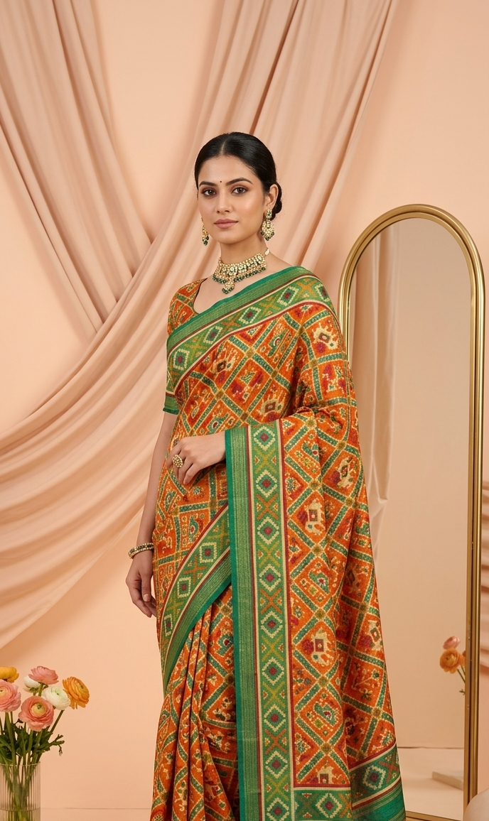 Orange-green Fancy Cotton Saree