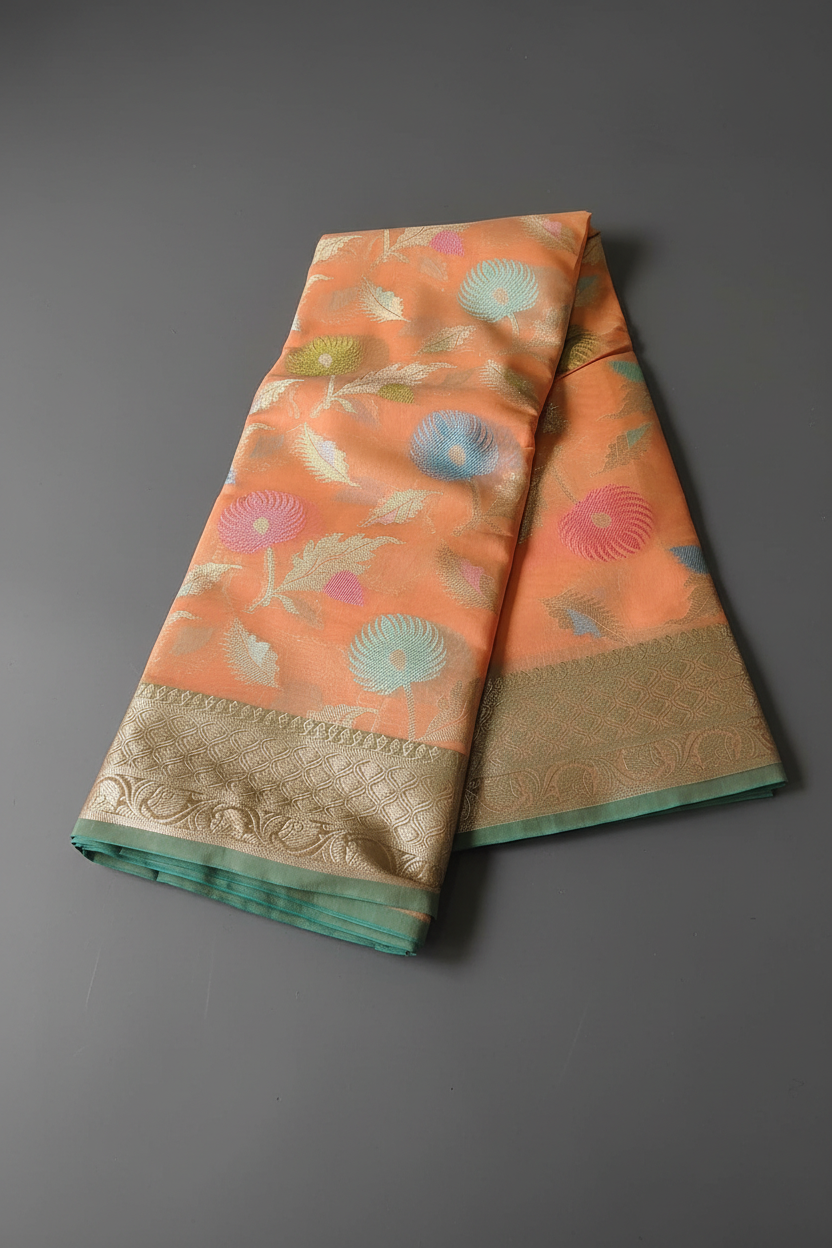 Orange Floral Tissue Saree