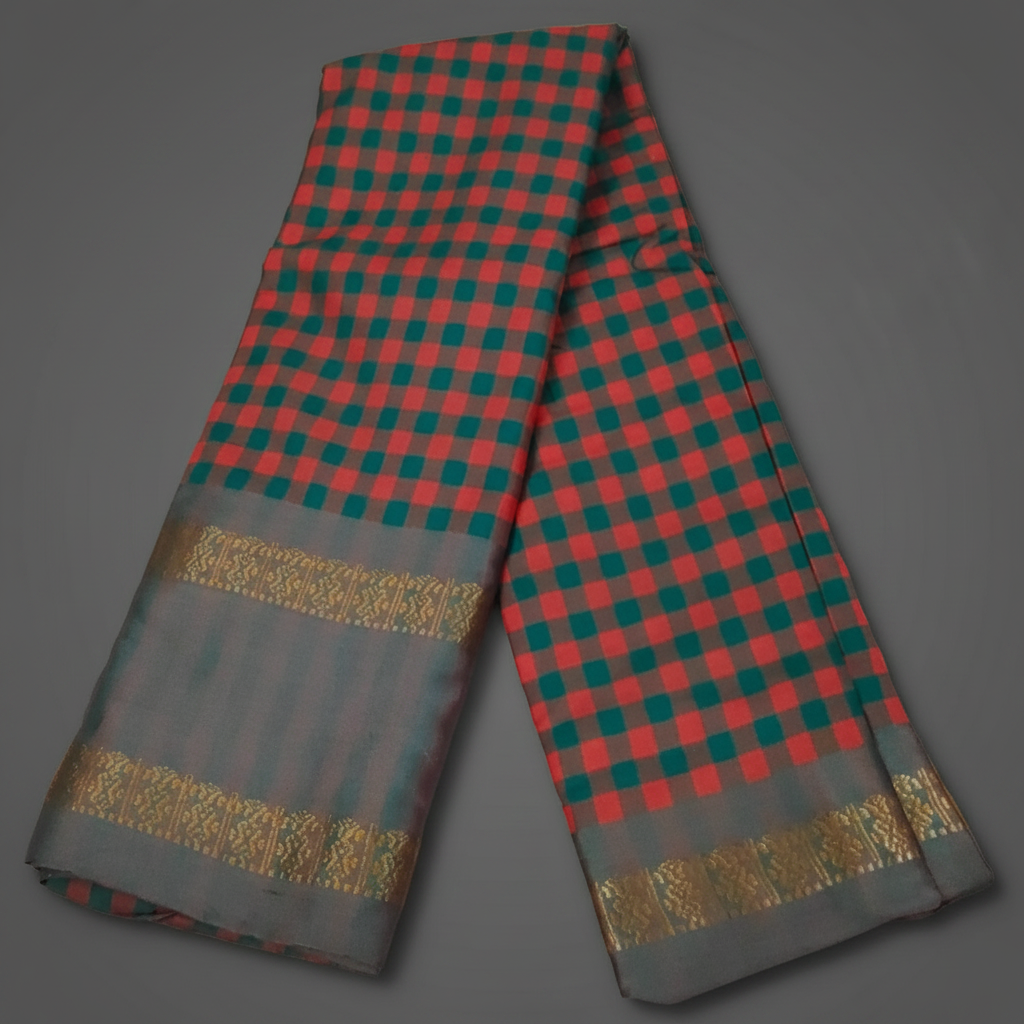 Orange Green Checked Saree
