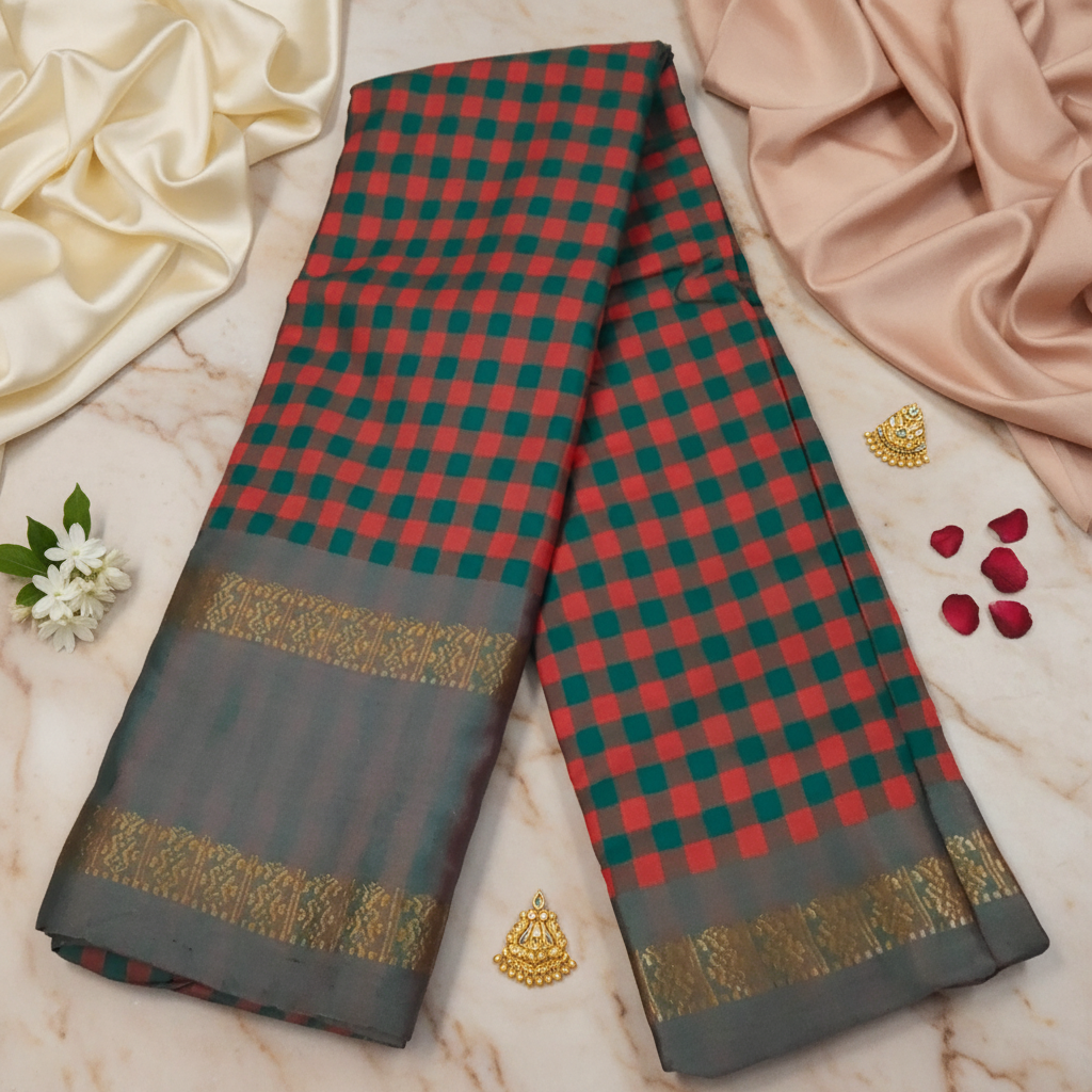 Orange Green Checked Saree