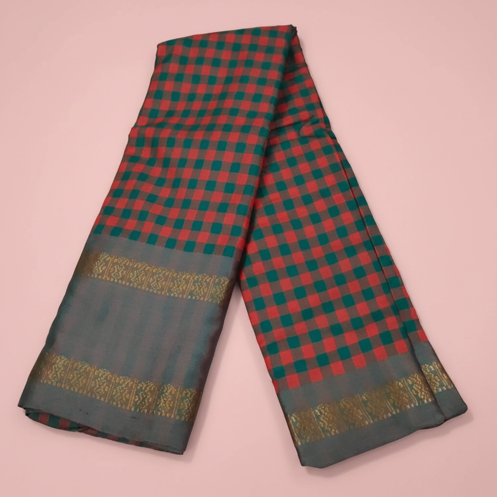 Orange Green Checked Saree