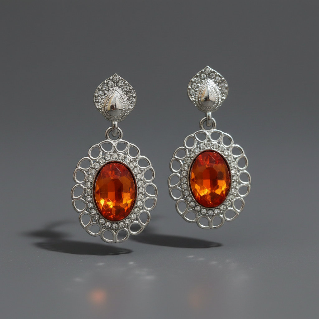 Orange Silver Metal Earrings
